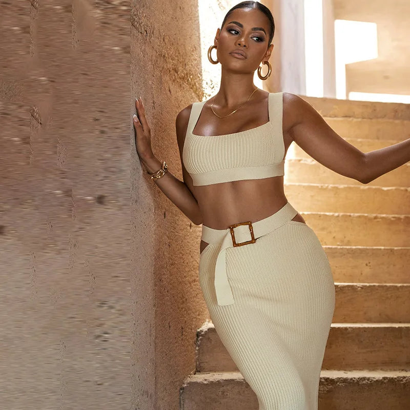 Women's 2 Piece Dress Sets Outfit Knit Ribbed Women Cutout Long Skirt Suit and Tank Top Bodycon Long Skirts 2 Pieces Set Clothes