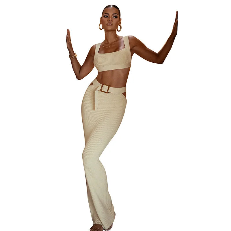 Women's 2 Piece Dress Sets Outfit Knit Ribbed Women Cutout Long Skirt Suit and Tank Top Bodycon Long Skirts 2 Pieces Set Clothes